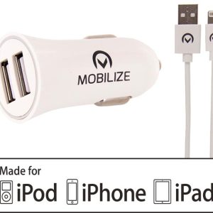 Mobilize Car Charger 2X Usb 24W + Usb To Apple Mfi Lighting Cable 1M. White