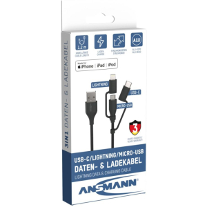 Ansmann USB-A 3-in-1 USB-C/Micro USB en Lightning kabel 120 cm